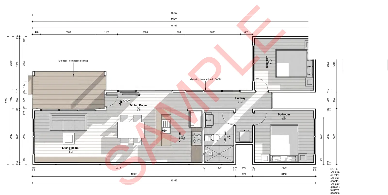 The Blanche floor plan — 2 bed · 1 bath · 58 m²