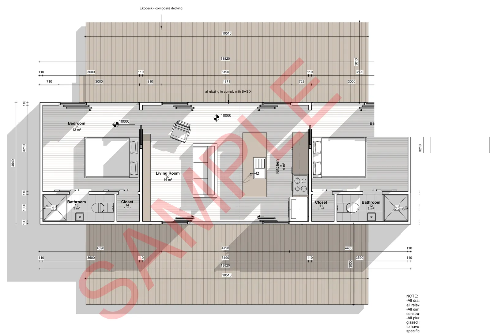 The Ginny floor plan — 2 bed · 2 baths · 54 m²