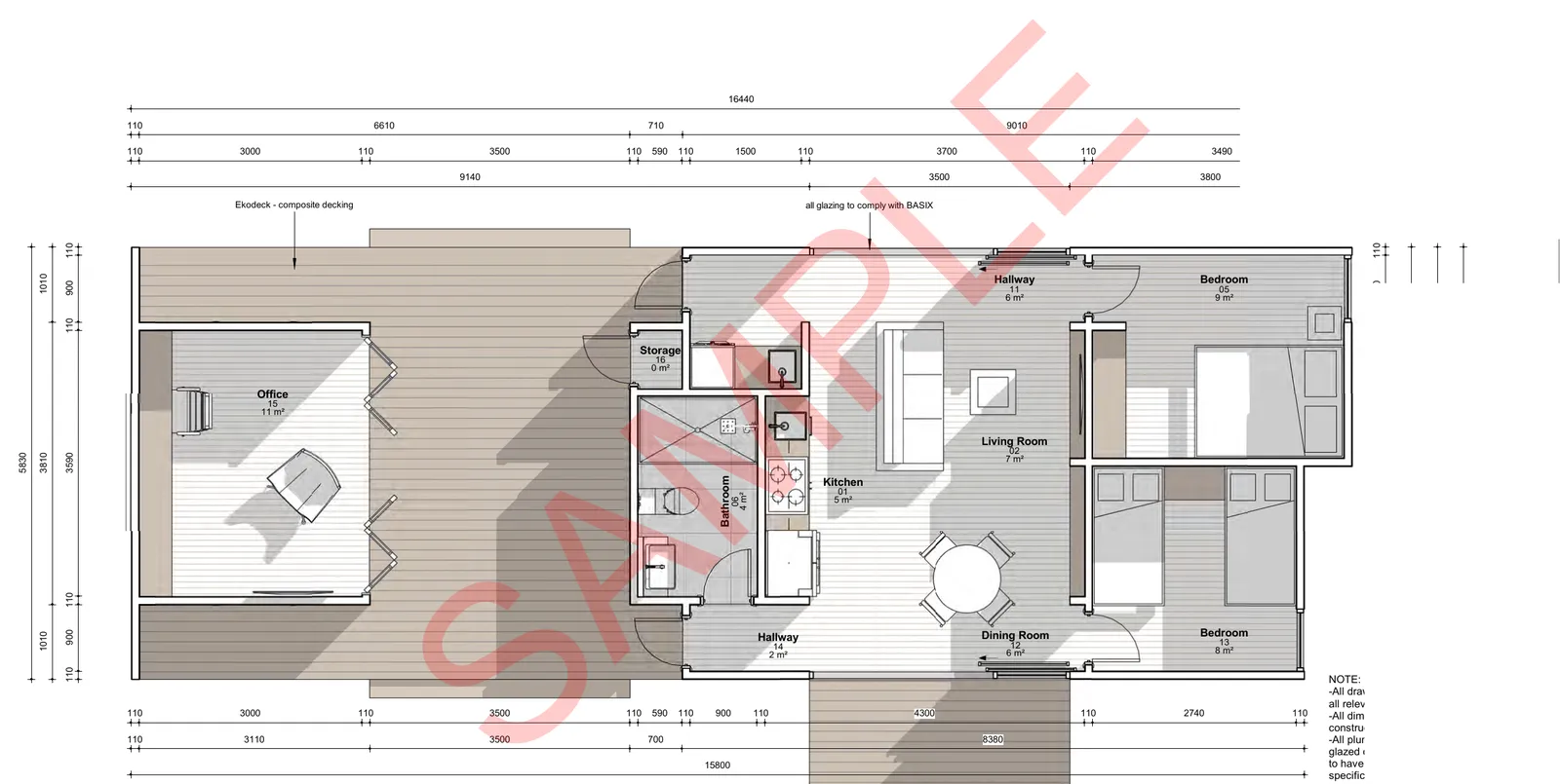The Lotta floor plan — 2 bed + study · 1 bath · 59 m²