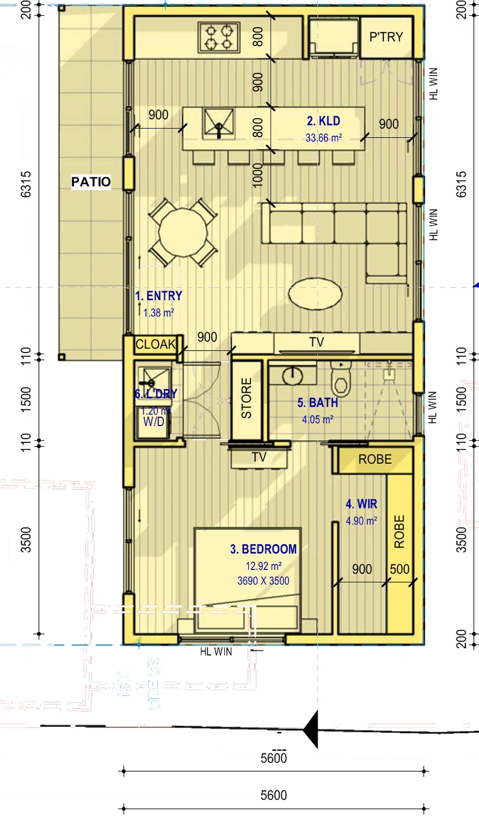 The Maude floor plan — 1 bed · 1 bath · 58 m²