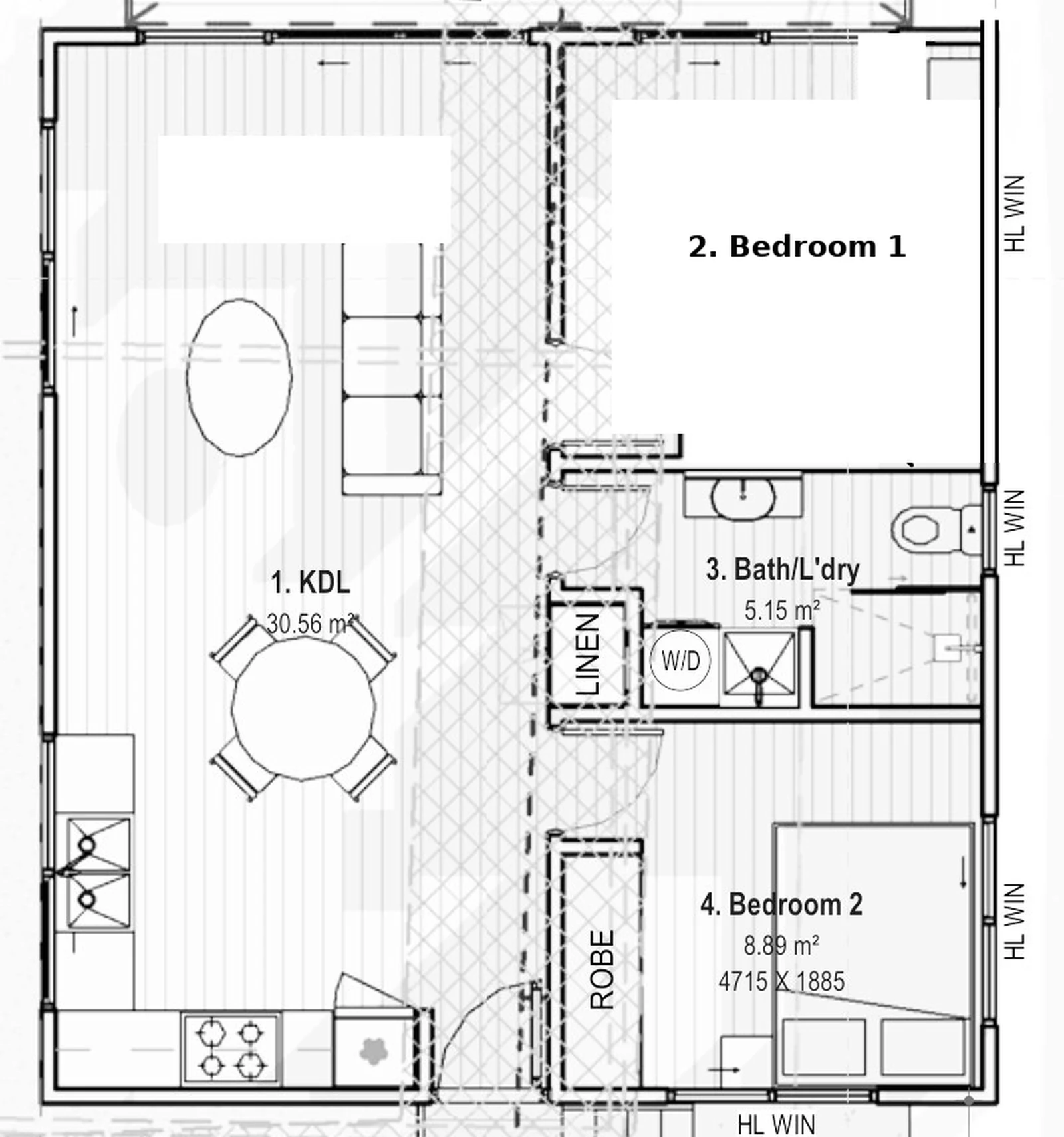 The Peggy floor plan — 2 bed · 1 bath · 55 m²