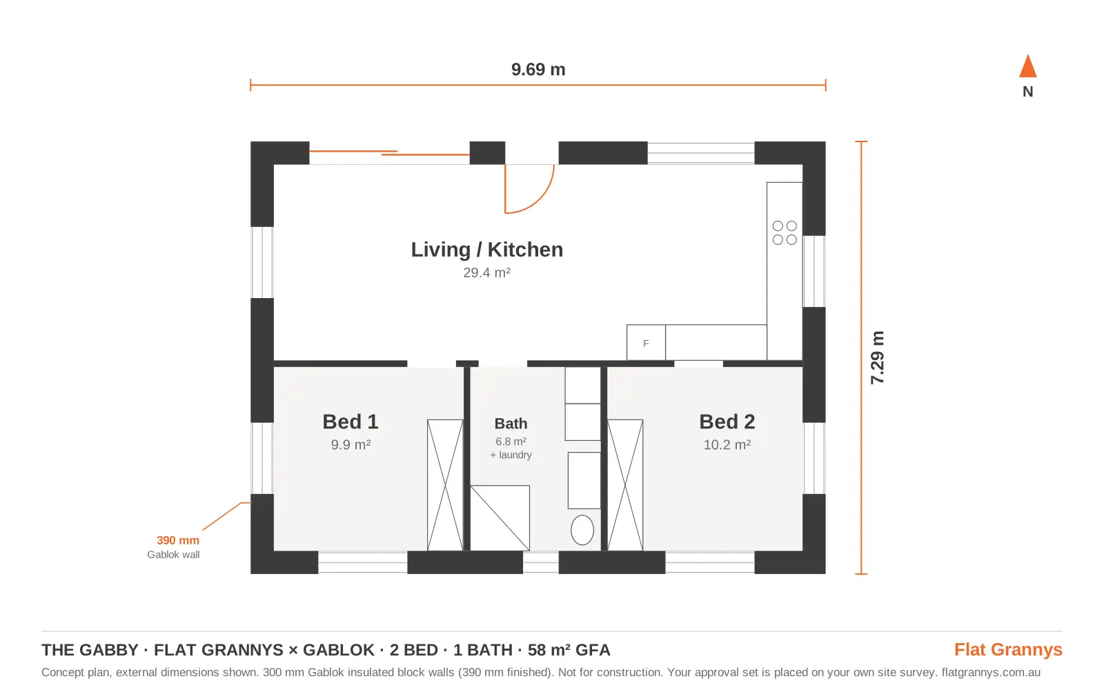 The Gabby floor plan — 2 bed · 1 bath · 58 m²