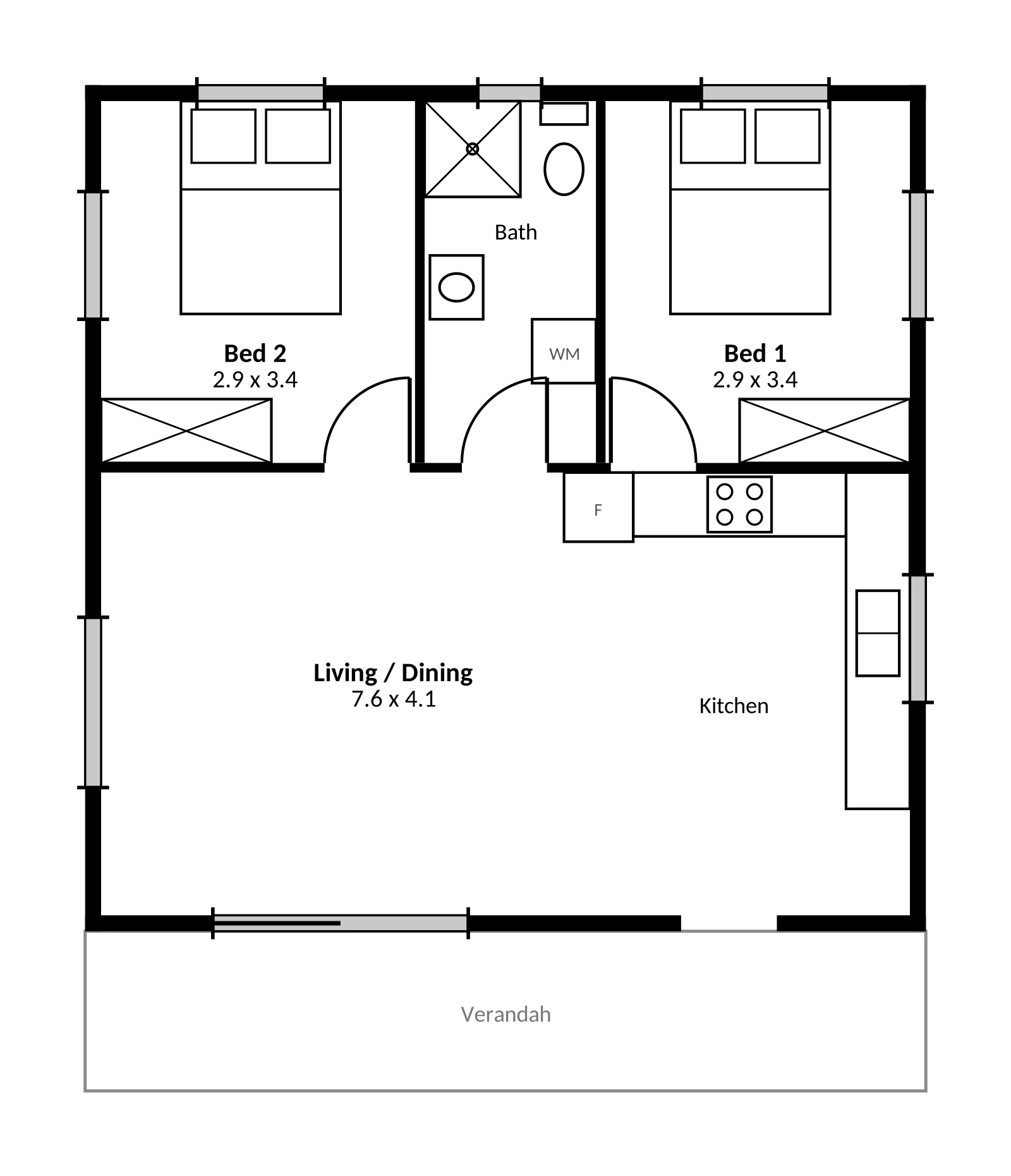The Gladys floor plan — 2 bed · 1 bath · 59 m²