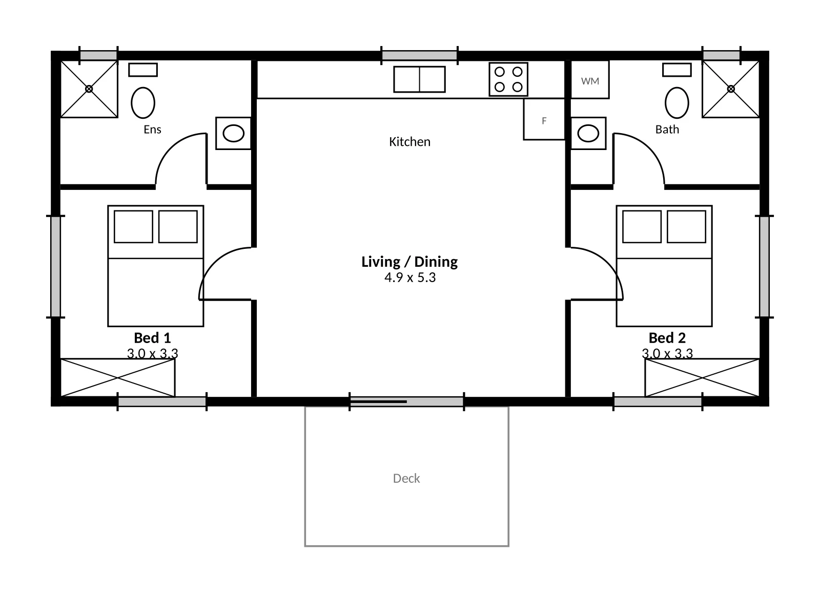 The Shirley floor plan — 2 bed · 2 baths · 58 m²